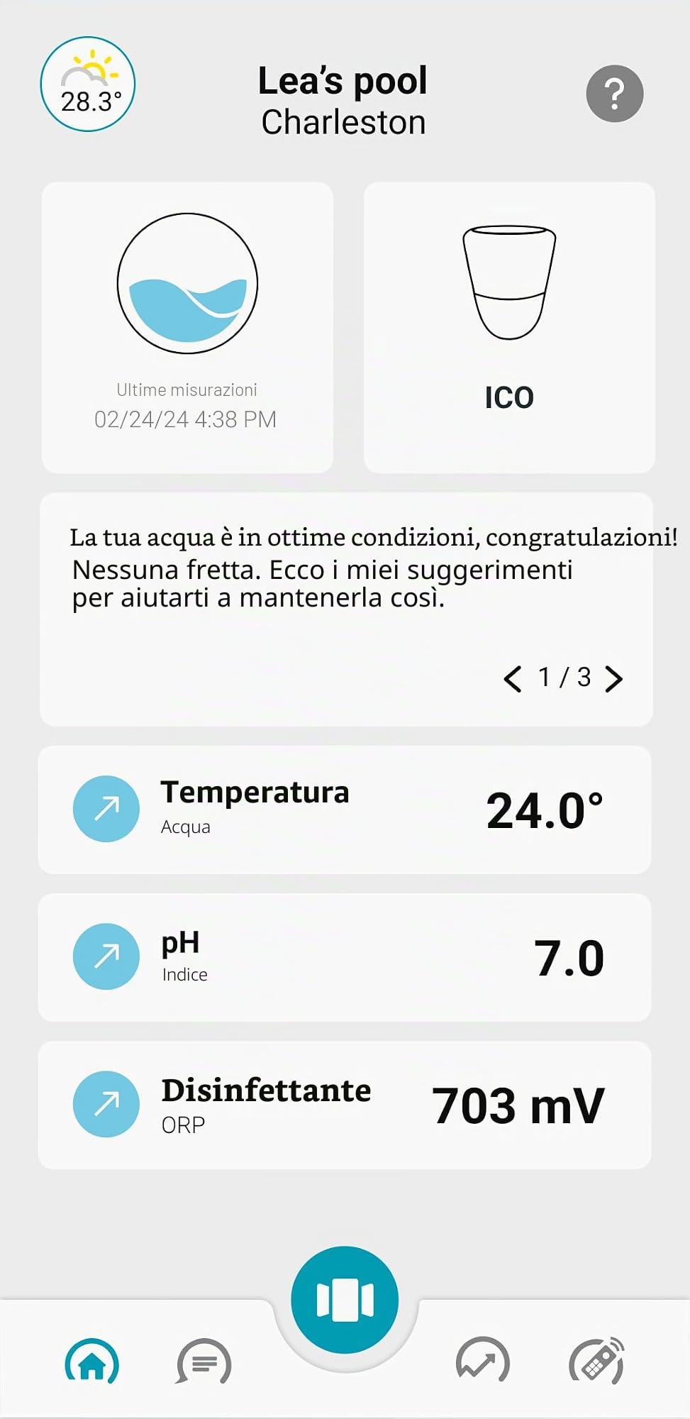 ICO Pool V2 Clore Brome - Analizzatore d'acqua per piscine trattate con cloro o bromo - Misurazioni pH, ORP, temperatura ogni ora - Raccomandazioni sul tuo smartphone