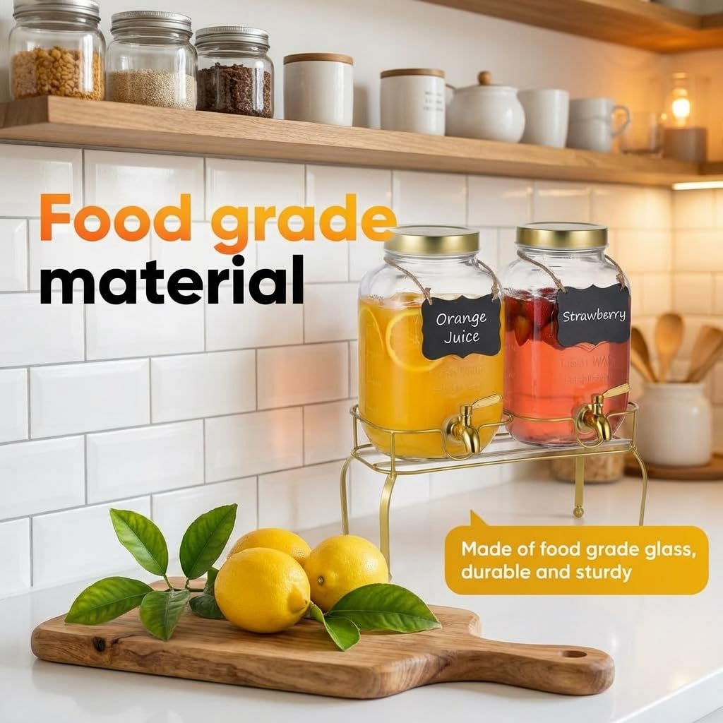 Juego de 2 dispensadores de bebidas de vidrio de 1 galón, dispensadores de bebidas para fiestas, dispensador de bebidas con soporte y espiga 100% a prueba de fugas, ideal para limonada, jugo