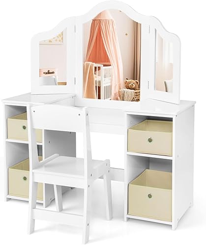 Miniatura 26 de HONEY JOY Vanidad para niños, juego de tocador para niñas pequeñas con espejo y taburete, estantes de almacenamiento, tocador de madera de princesa,