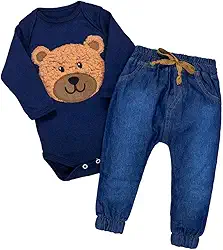 Conjunto Bebê Body Bordado Manga Longa com Calça Jeans ou Calça Ecolinho Sustentável - Era Uma Vez 0-12 Meses