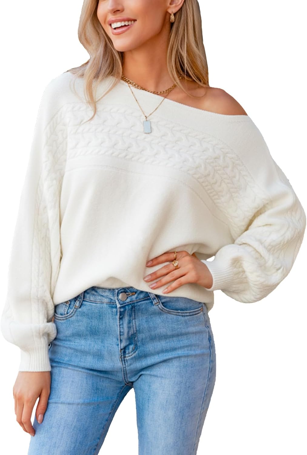 CUPSHE Women Trendy Knit Sweater 2025 Off Shoulder Long Dolman Sleeve Casual Top Soft Boatneck Pullover Fall Sweaters