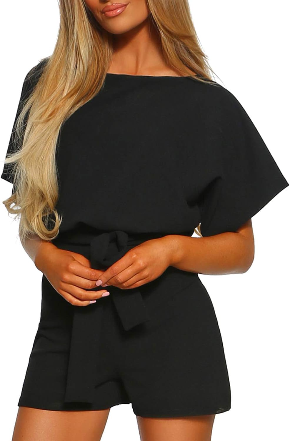 Vetinee Womens Summer Belted Romper Keyhole Back Short Sleeve Jumpsuit Playsuit - Image 3