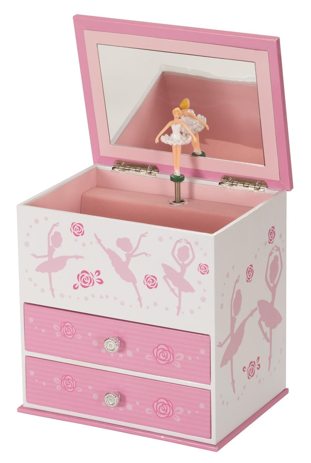 Mele & Co. Musical Ballerina Jewellery Box, Pink and White, Two Drawers with Mirror, Rose Design