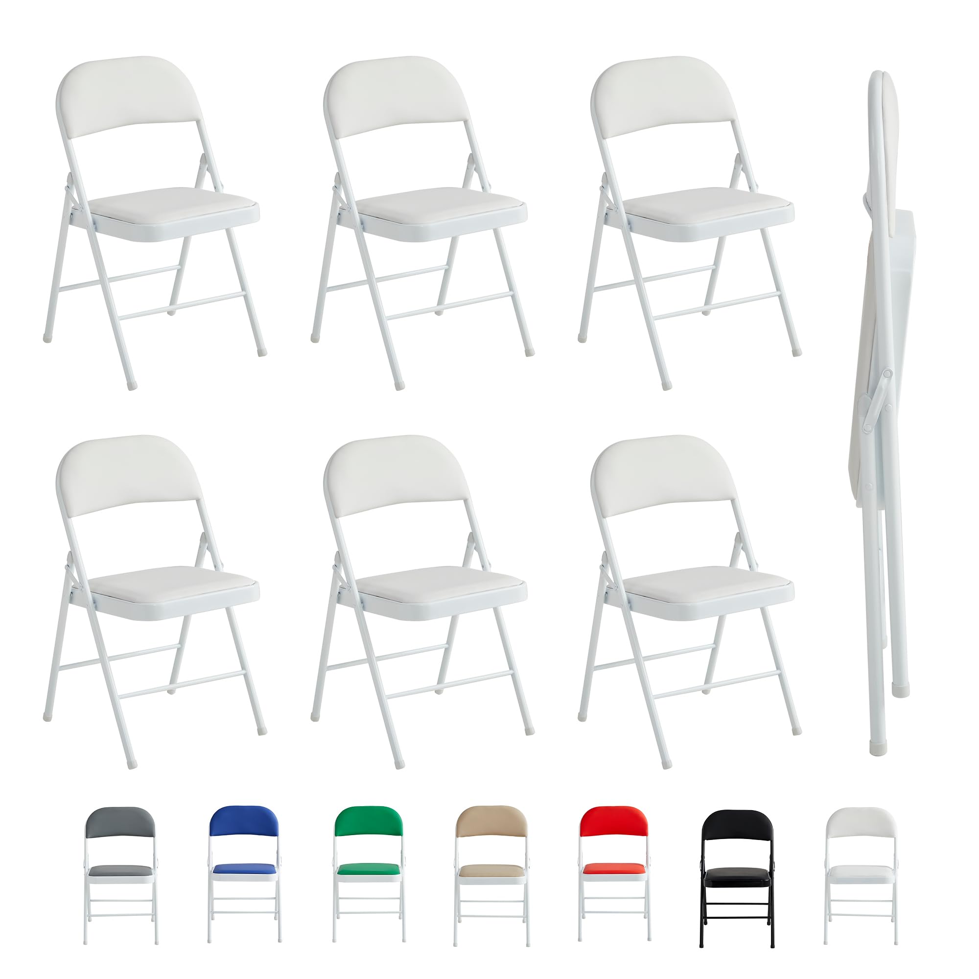 mcc direct Set of 6 Folding Chairs, Faux Leather Foldable Chairs with Metal Frame and Padded Seat, Easy to Fold and Store for Home, Office, Dining and Reception (White)