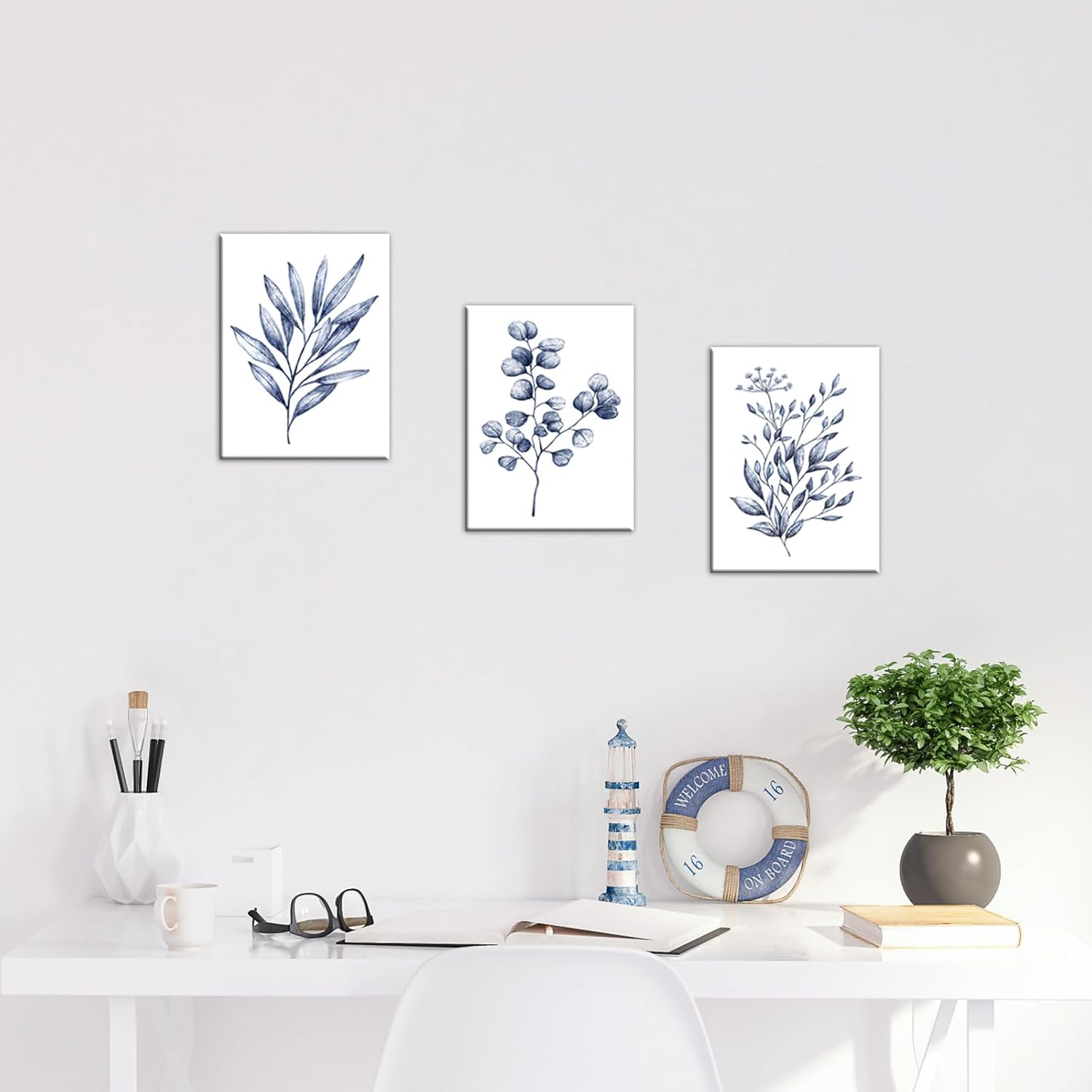 Conipit Navy Blue Botanical Wall Art Canvas Minimalist Abstract Leaf Painting Blue White Leaf Plant Artwork Prints Framed for Living Room Bedroom Wall Decor 12''x16''x3pcs