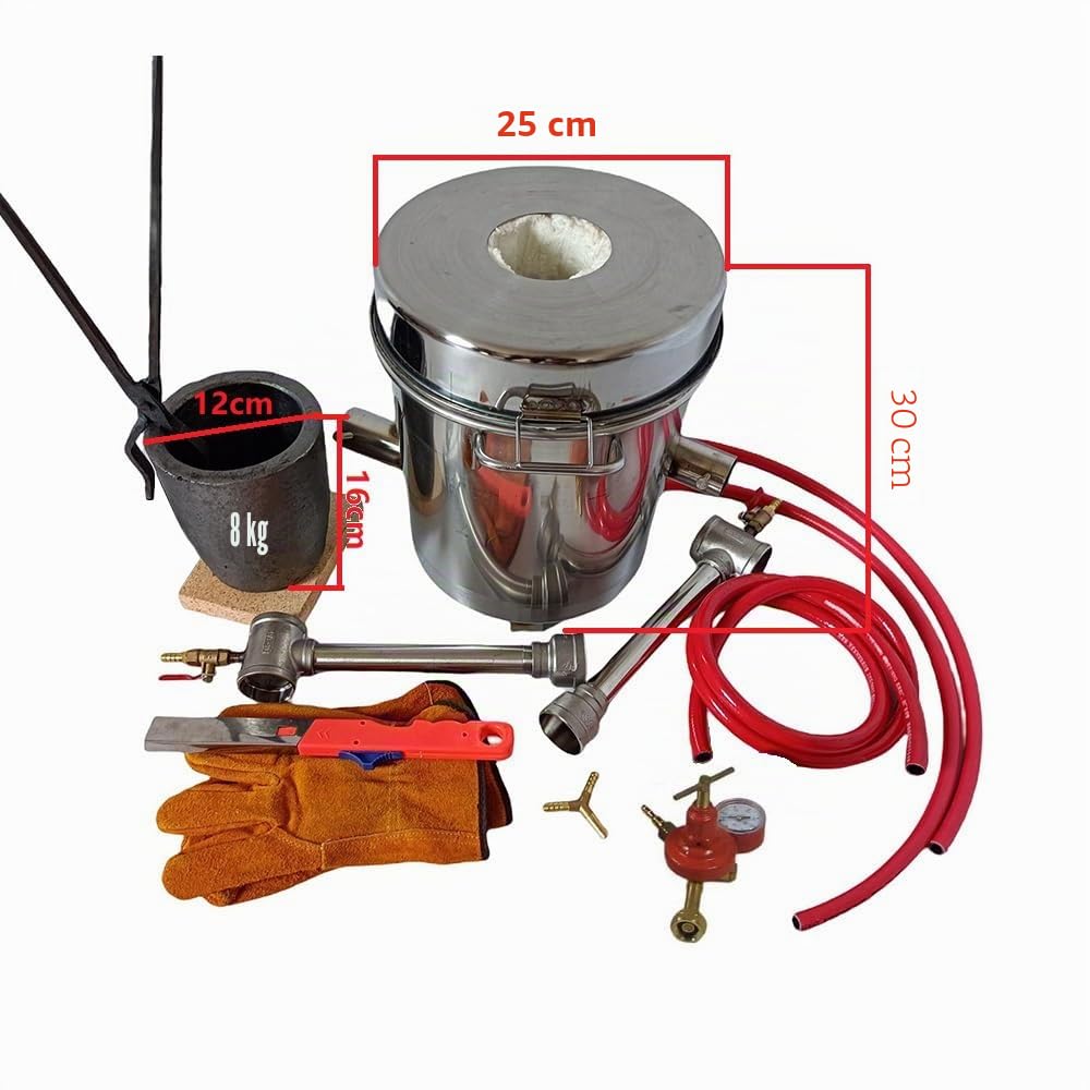 Kit de four à gaz propane 8 kg - Double brûleur - Avec creuset graphite de 8 kg - Pince et gants - Four pour métal fondu cuivre, laiton et aluminium