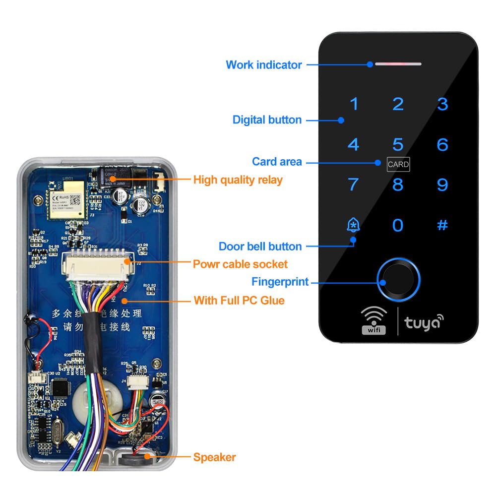Kit de sistema de control de acceso WiFi Tuya con teclado de huellas dactilares impermeable IP68, bloqueo magnético en modo NC (180 kg/350 libras), 10 llaveros RFID de 125 KHz, fuente de