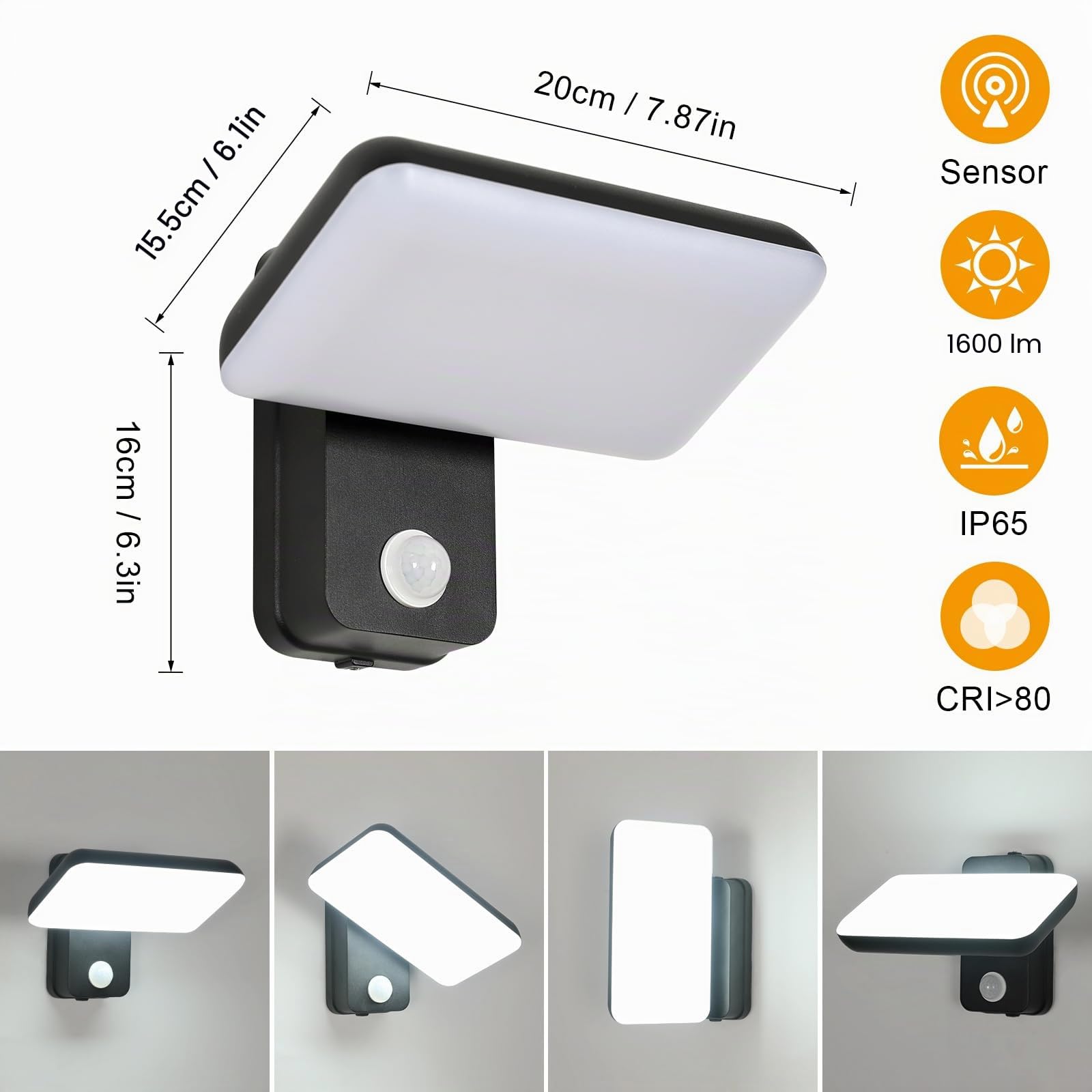 Osairous 16w LED Lampara Pared con Sensor de Movimiento, Giratoria Aplique Pared Exterior con Sensor de Movimiento, IP65 Aplique Exterior, Luz Exterior para JardíN y Terraza, Negro 6500k