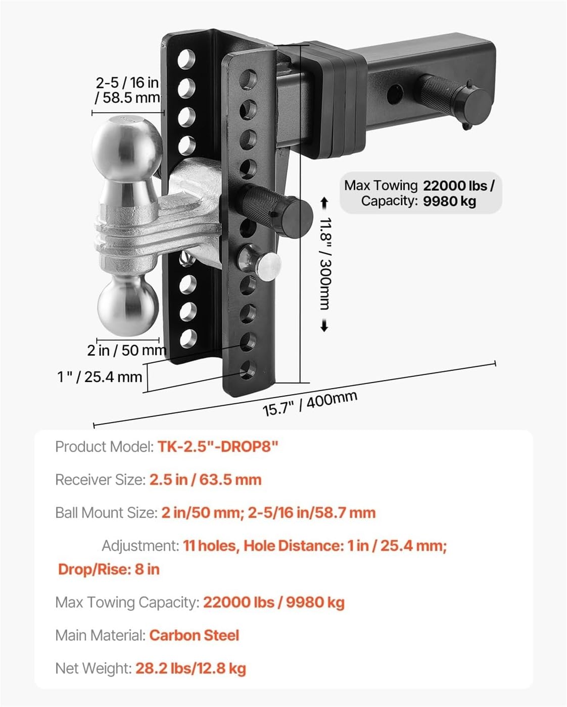 Adjustable 6-10" Double Ball Trailer Hitch with 2"-5/16" Ball for 2-2.5" Receiver Boat and RV Towing(2.5in-Drop8in)