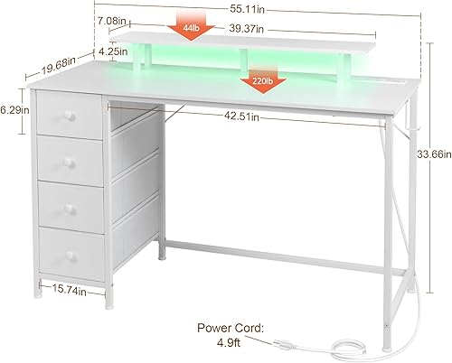 Miniatura 3 de HGD14WT - Escritorio blanco para computadora con luz LED y tomas de corriente, escritorio de juegos de 55 pulgadas con 4 cajones de tela, escritorio