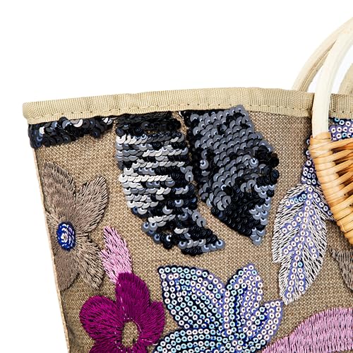 Image of Rattan Wood Handle Sequin Embroidered Floral Beach Bag Tote for Vacation and Wedding Party