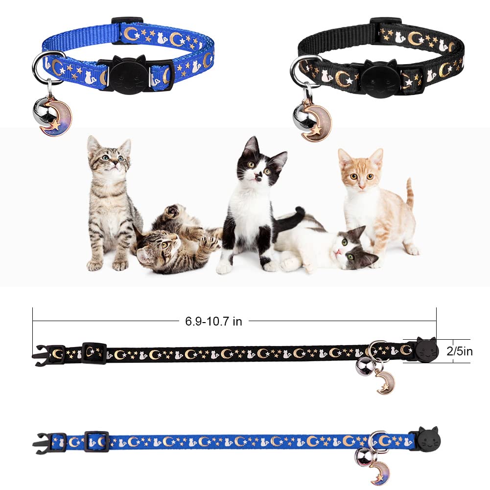 Baeuppit Katzenhalsbänder mit Glocke, Mond und Sternen, niedliches Kätzchen, verstellbar, sicher, mit Anhänger, leuchtet im Dunkeln, 2 Stück (Schwarz und Blau)
