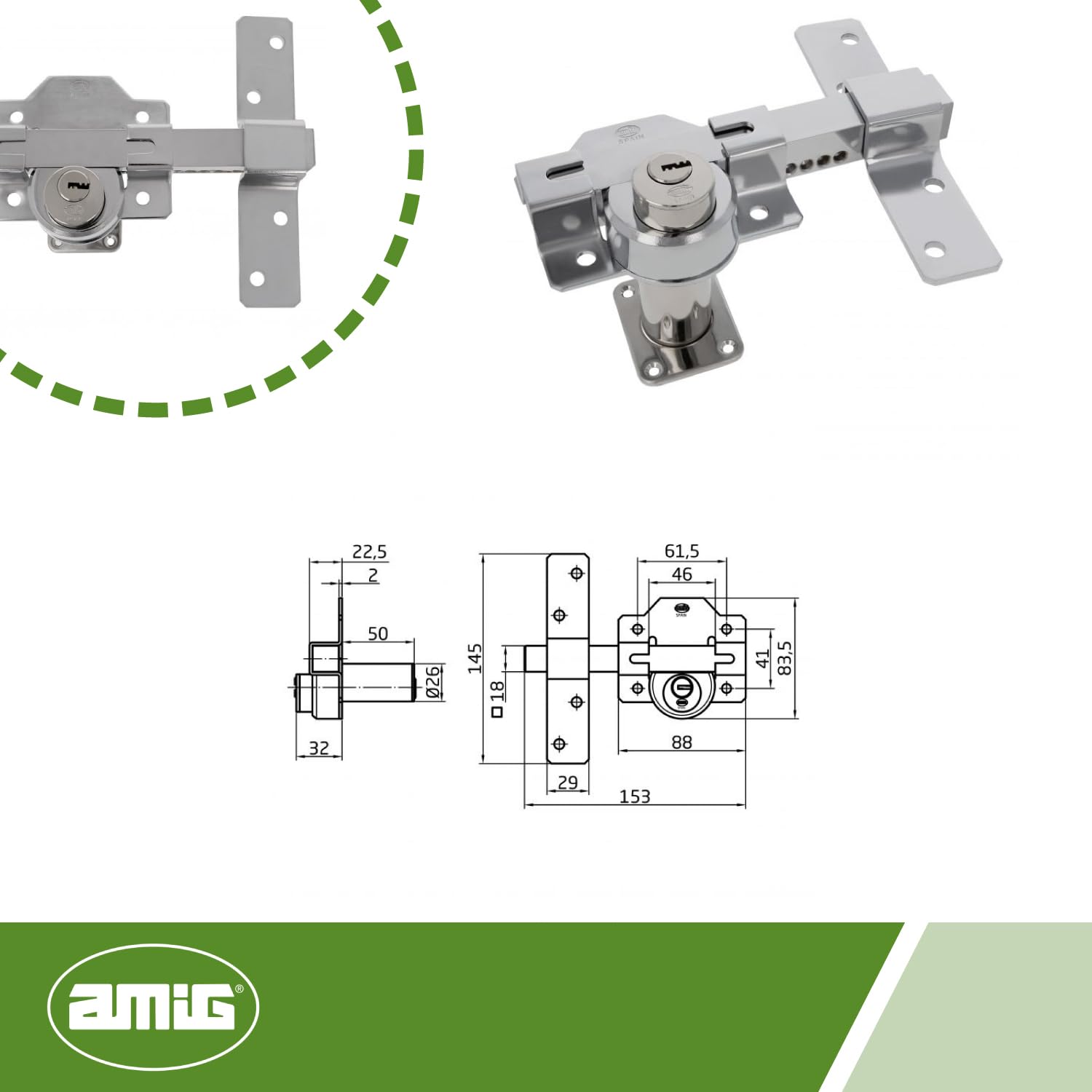 Amig - Cerrojo para Puerta - 105 x 170 mm - Con Cilindro Redondo de Seguridad - Cilindro Interior de 34 mm y Exterior de 70 mm - Incluye 5 Llaves de Punto - Acero Cromado Brillo