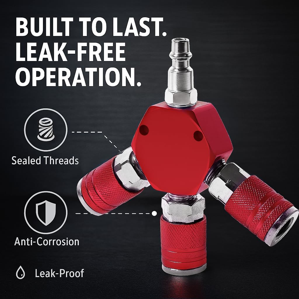 3-Way Air Hose Splitter Manifold with 1/4" Quick Connect Couplers and Plug, Aluminum Air Line Distribution Block for Compressor Tools, 175 PSI Max， Red
