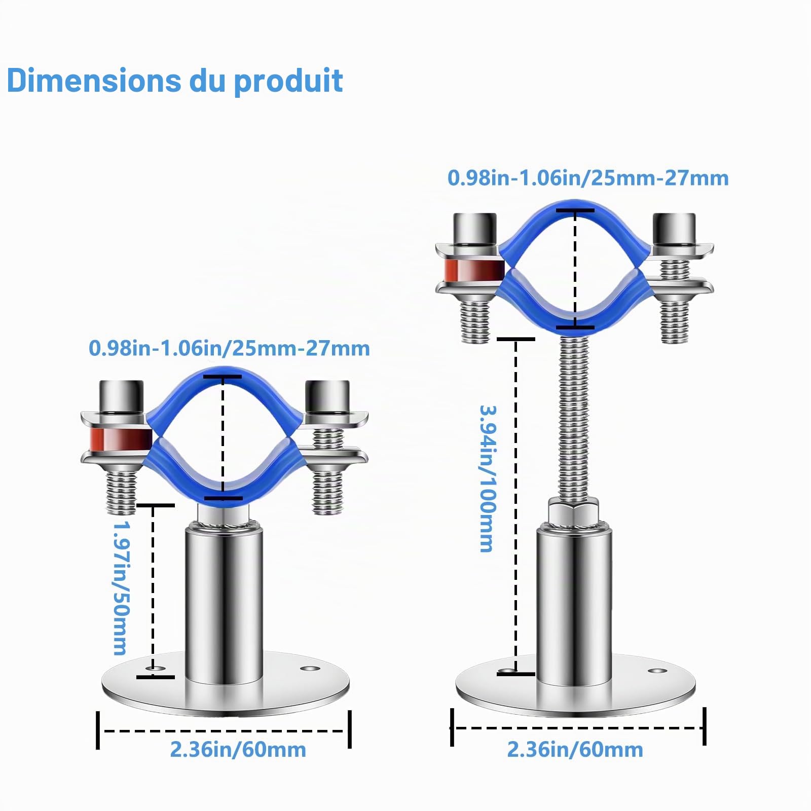 Lot de 4 Supports de Tuyaux Réglables en Acier Inoxydable 304 | Hauteur Ajustable 50-100mm - Montage Mural/Plafond avec Coussinets Antivibration - Pour Tuyaux Ø25-27mm - Fourni avec Vis