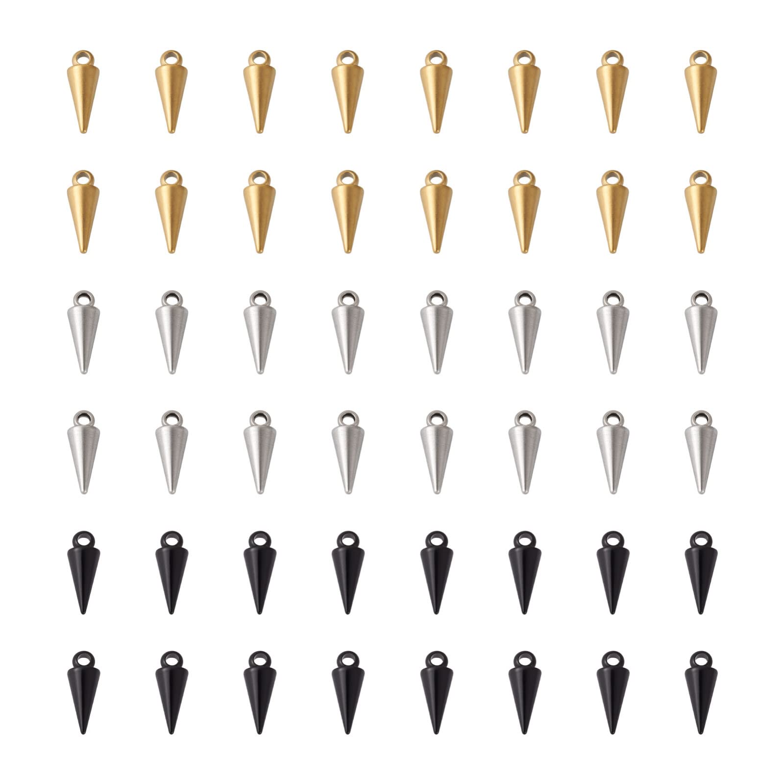 48Pcs Cone Charms Stainless Steel Spike Pendants 3 Colors Bullet Spike Beads Charms Metal Dangle Charms for DIY Necklace Bracelet Earring Jewelry Making (13x5mm)