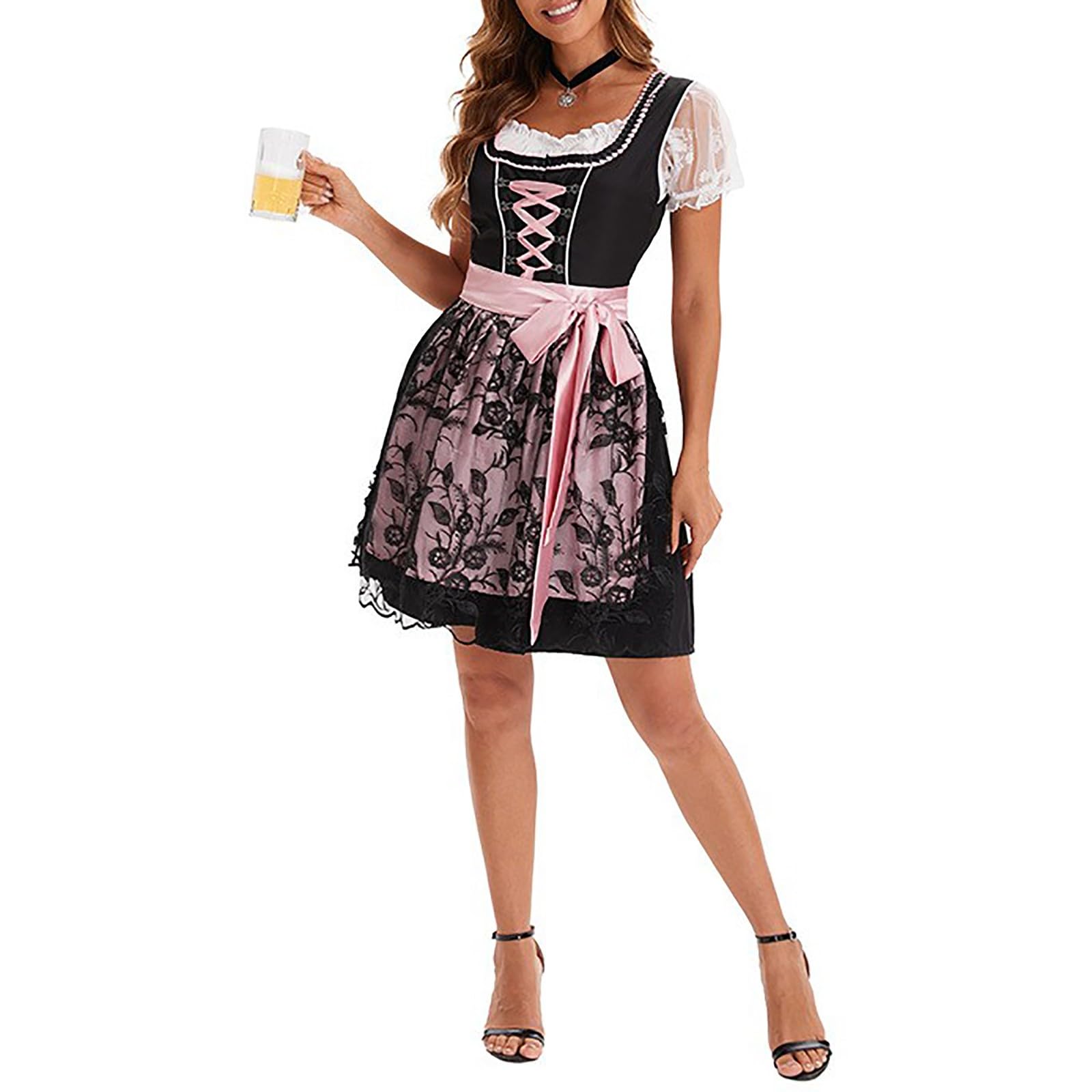 Dirndl Schwarz Damen-Oktoberfest Damen Outfit Dirndl-Komplettsets 3 Teilig Inkl. Dirndlbluse Spitze-Dirndlschürzen-Dirndlkleid Midi Trachtenkleid Modern Dirndl Set Komplett für Bayerische Bierfest