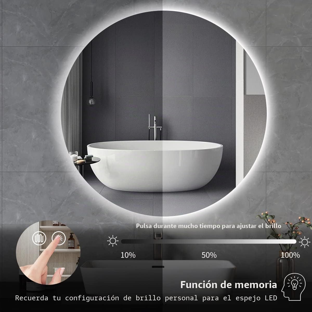 SensaHome - Espejo Redondo para Baño sin Marco con Iluminación LED - Regulable - Espejo de Pared - 60CM