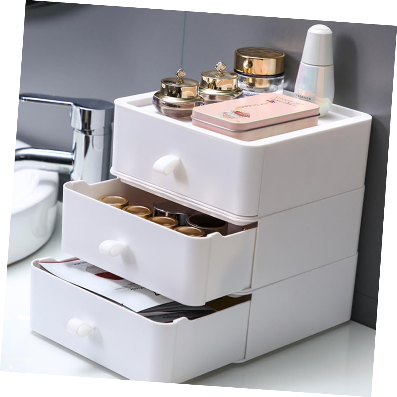 SHINEOFI Cassettiera da Scrivania in Plastica Bianca a Tre Strati Cassetti, Grande Capacità di Archiviazione, Organizer Multifunzionale per Ufficio e Casa