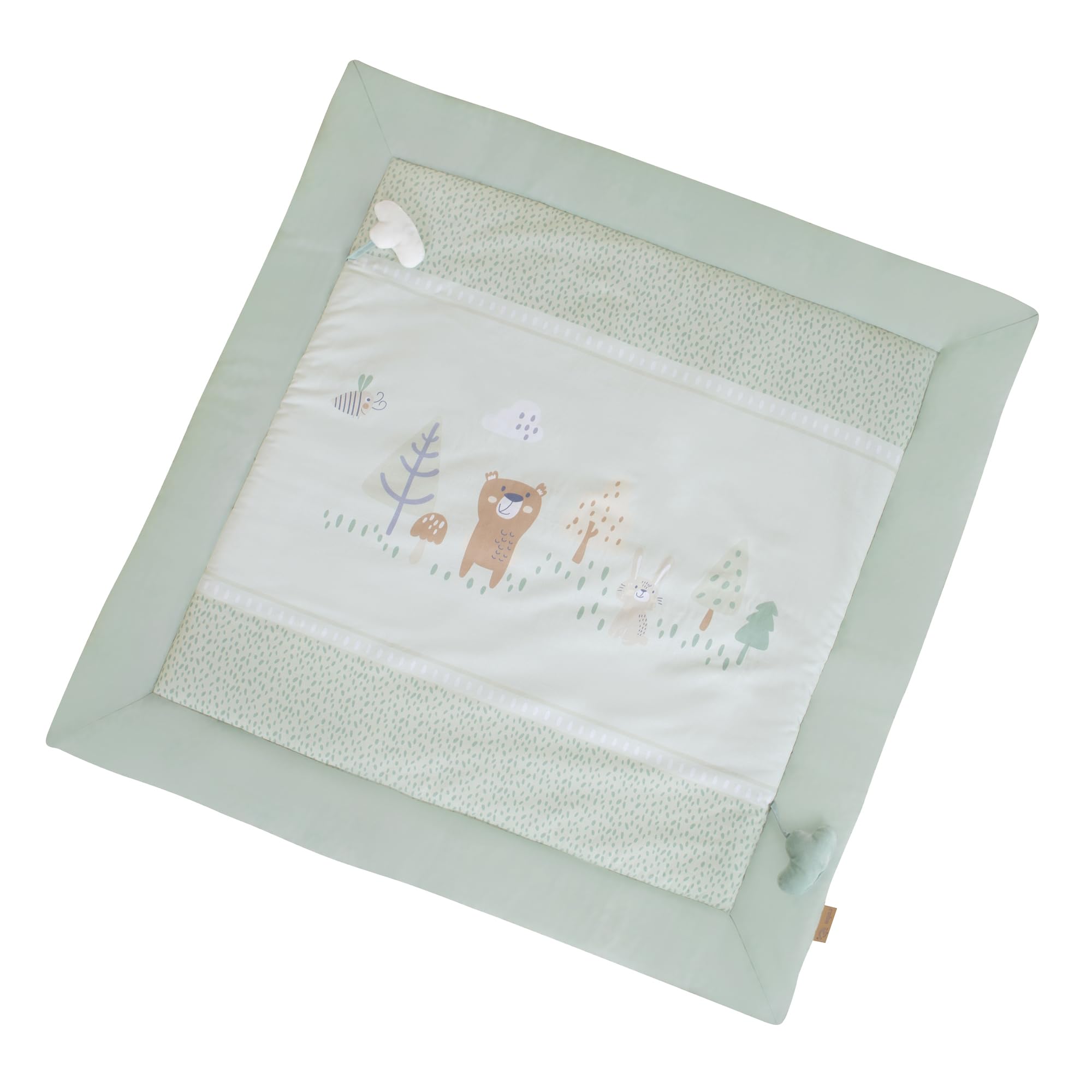 roba Tapis de Jeu Woodland Buddies 100 x 100 cm - Rembourrage Doux - Tapis d'Éveil Bébé dès la Naissance - Surface en Coton - Avec Appliqués Nuages & Motif Forêt - Vert Pastel