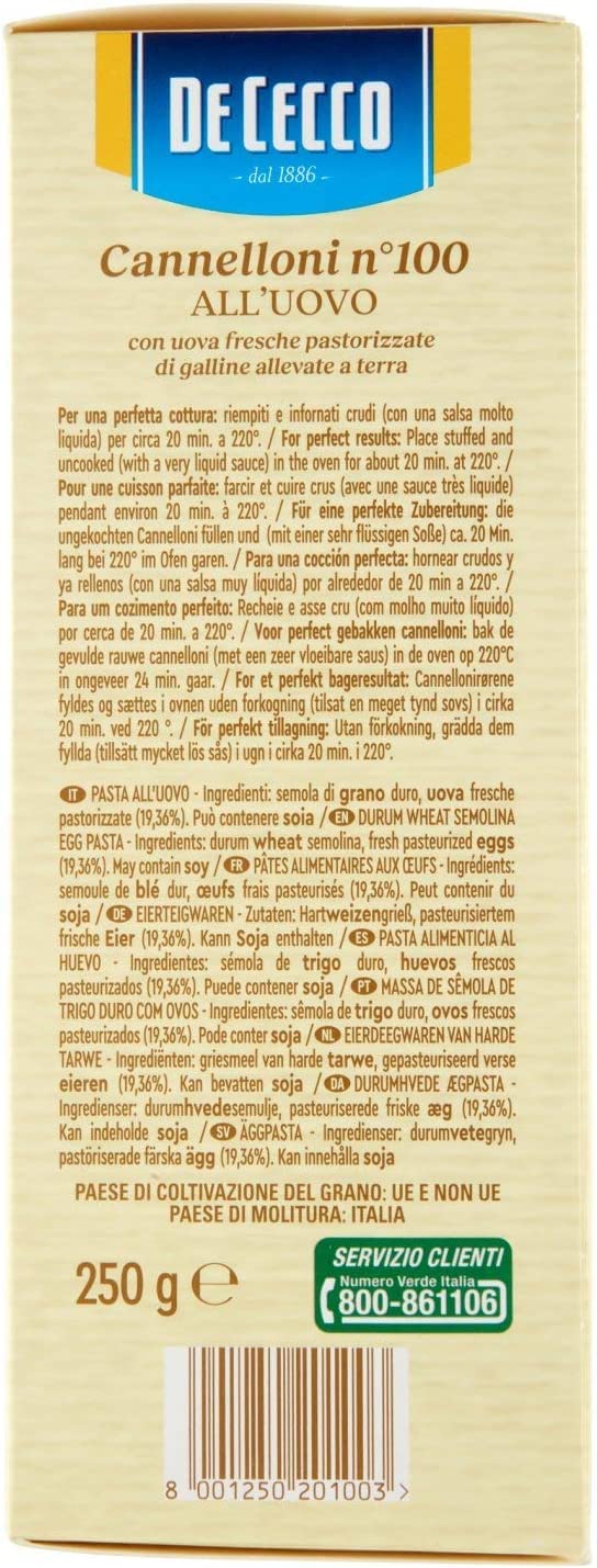 20 x De Cecco Pasta Canelones n. 100 Uovo Pasta de huevo 250 g