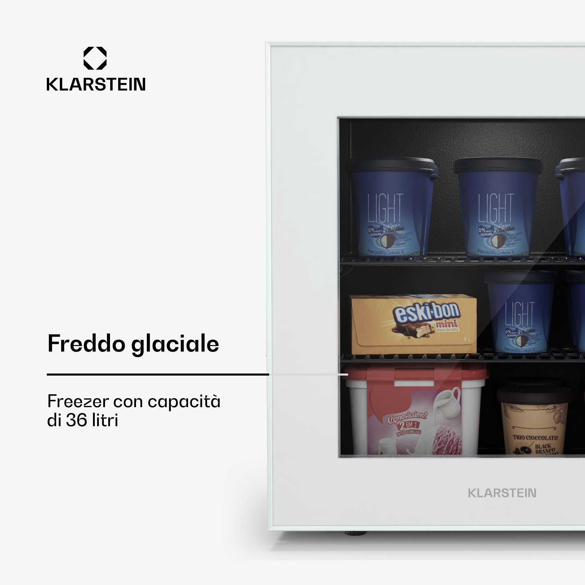 KLARSTEIN IceAge 36 - Piccolo Congelatore, 36L, Mini Freezer con Temperatura Regolabile da 0 a -18°C, Porta in Vetro, LED Interni, 2 Ripiani, Compatto & Efficiente, Freezer per Spazi Ridotti, Bianco