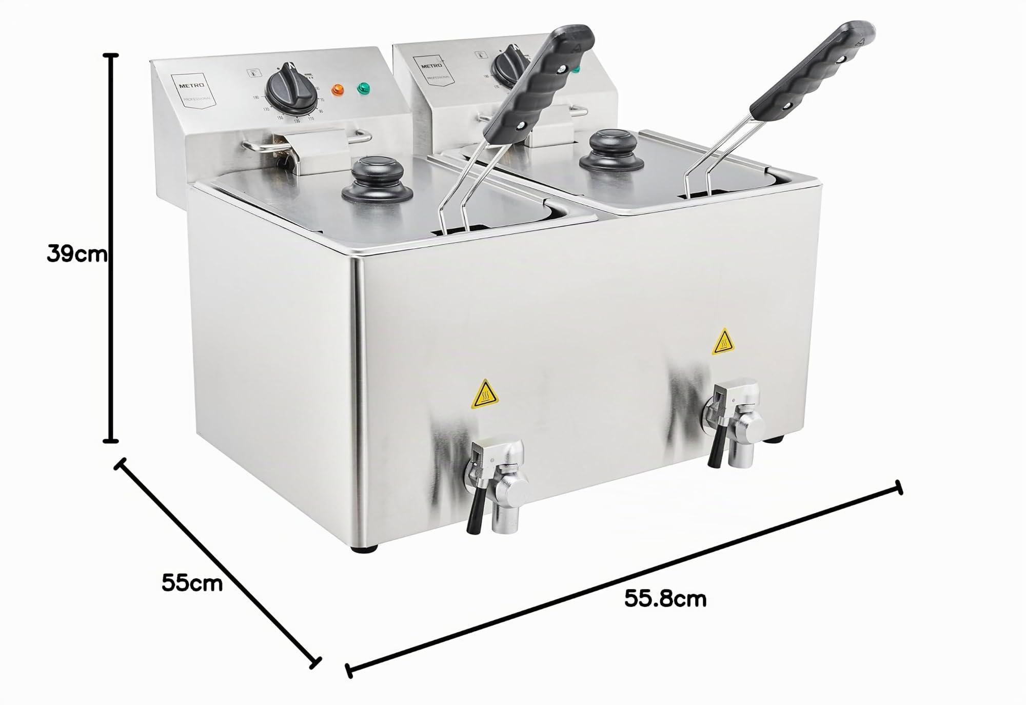 METRO Professional Friteuse double/Fryer électrique GDF3028, acier inoxydable, 55 x 55.8 x 39 cm, 2 x 8 L, robinet de vidange, panneau de commande amovible, argenté
