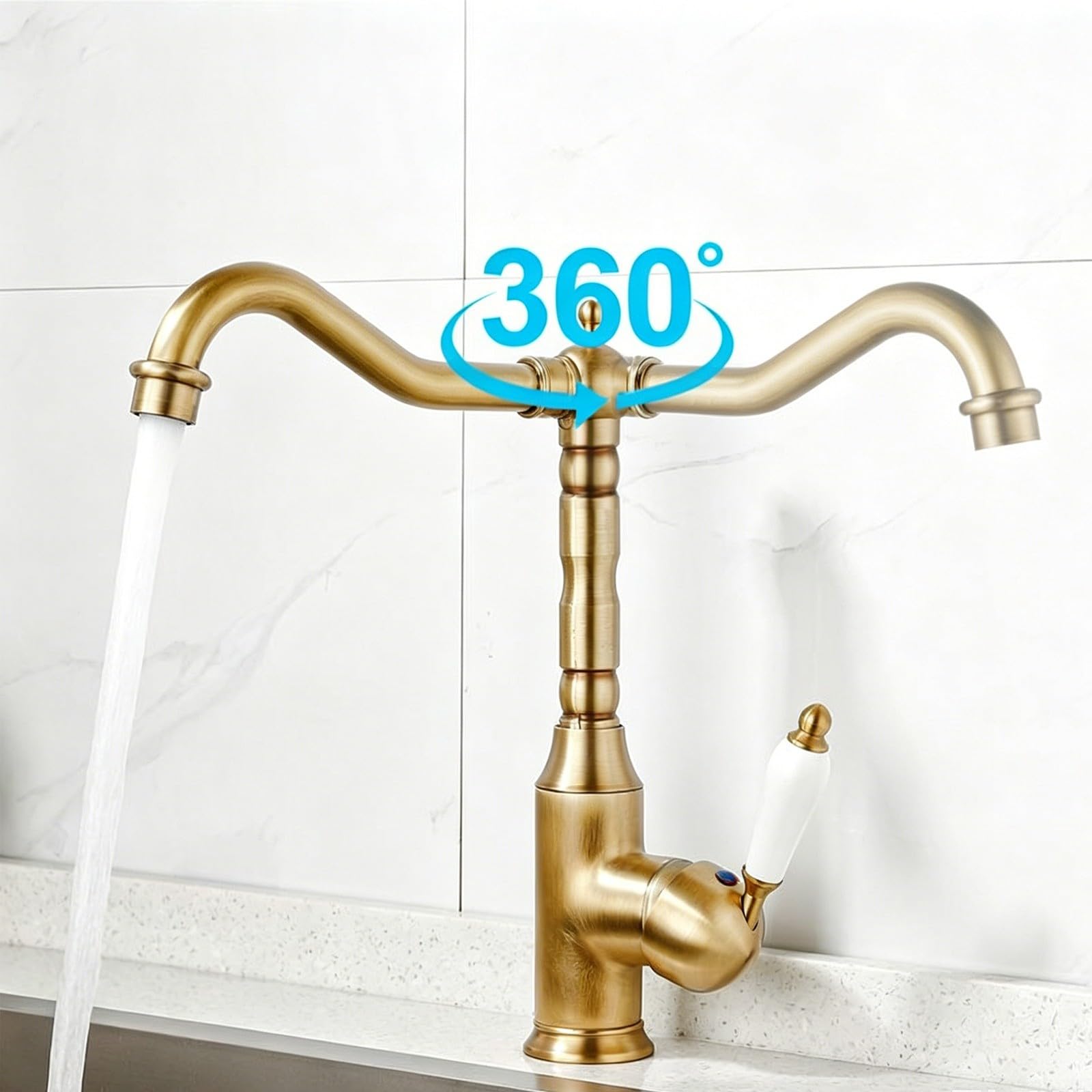 Grifo para fregadero de cocina de latón antiguo con boquilla giratoria de 360°, control de una sola manija para un flujo preciso, construcción sólida para casa de campo