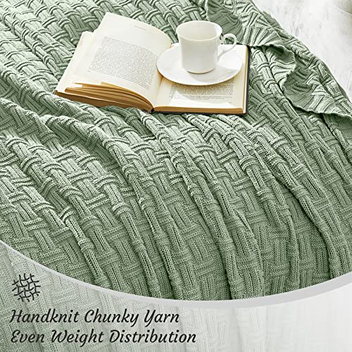 Image of TREELY 100% Cotton Knitted Throw Blanket 90 x 90 Inches, Light Sage Green