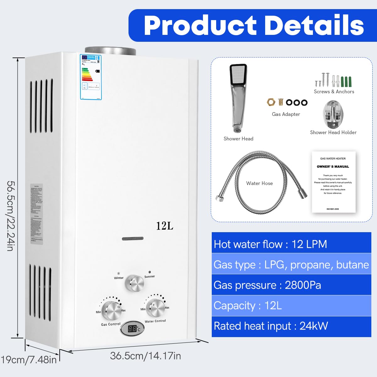 Xverycan Calentador de agua de gas de 12 litros, 24 kW, GLP, propano butano, sin tanque, para uso doméstico, camping, caravanas, cabinas al aire libre, graneros