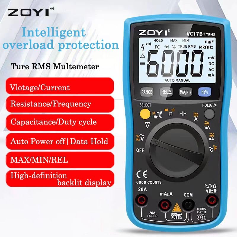 Przód view of the ZOYI VC17B+ Digital Multimeter, highlighting intelligent overload protection, True RMS, and various measurement capabilities like Voltage/Current, Resistance/Frequency, Capacitance/Duty cycle, Auto Power off, Data Hold, MAX/MIN/REL, and a high-definition backlit display.