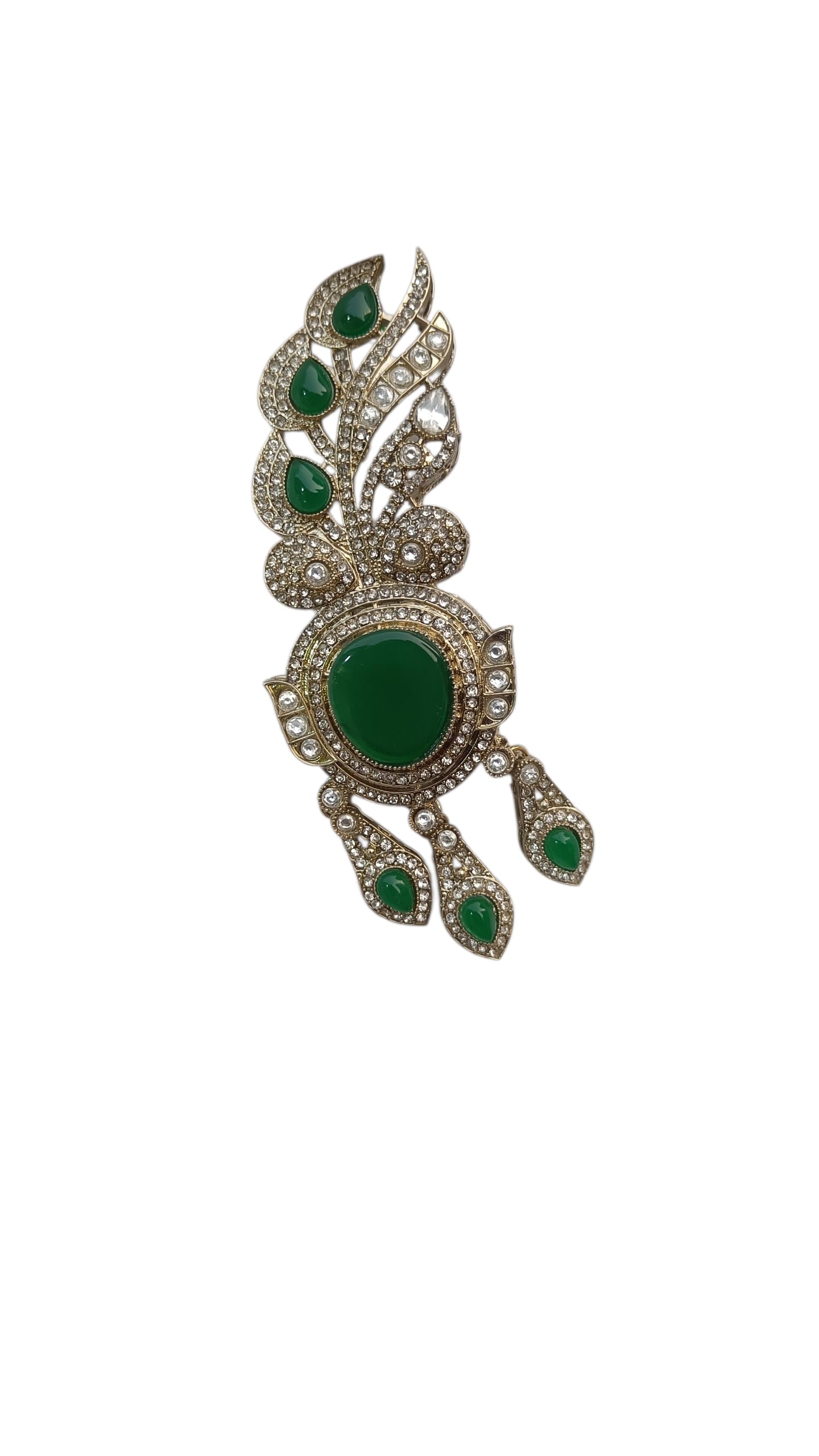 Groom Kalgi, Green Stone Peacock Design Brooch with Crystal Embellishments, Traditional Wedding Turban Ornament-image-16