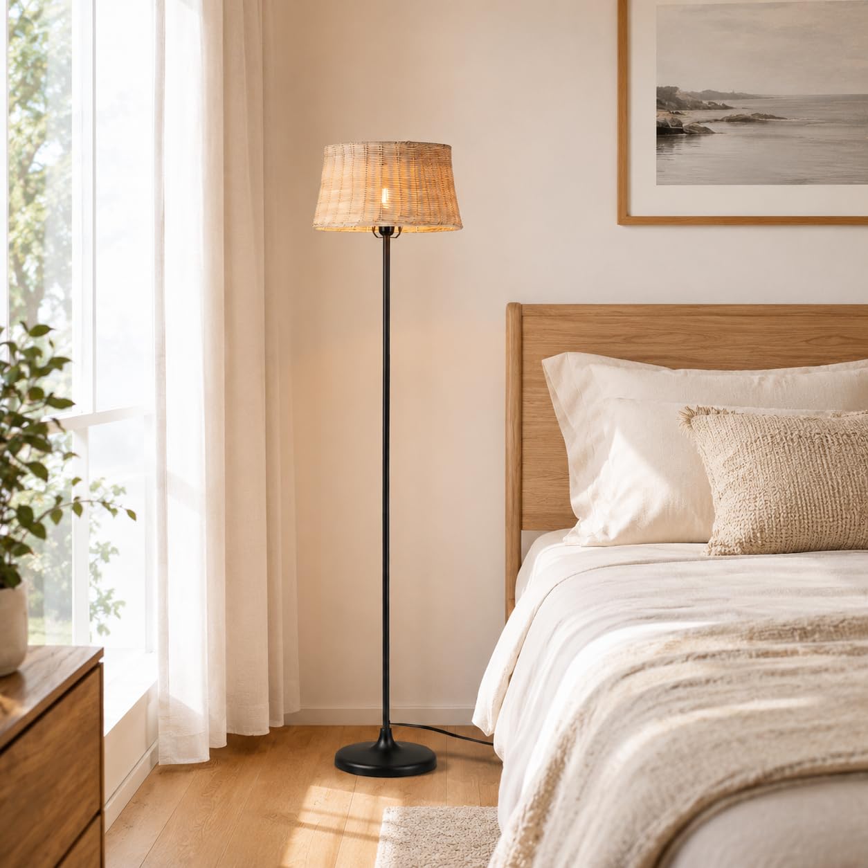 Alpinaluz Lampa Podłogowa E27 Klosz Bambus Wiklina Czarna Podstawa 147 cm | Ręcznie pleciony klosz Ø28 cm i czarna metalowa podstawa, styl nordycki boho do salonu, sypialni, sofy i czytania