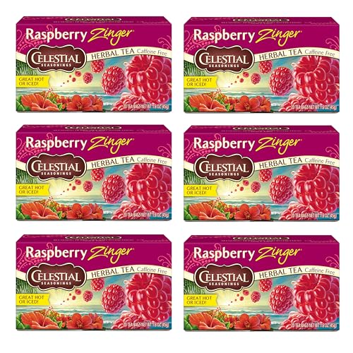 Celestial Seasonings Raspberry Zinger Herbal Tea, Caffeine Free, 20 Tea Bags Box, (Pack of 6)