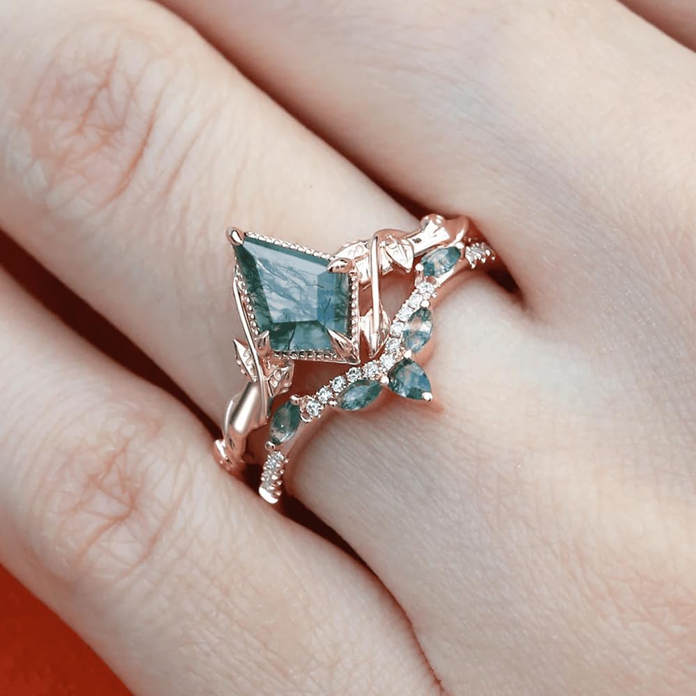 Natural Moss Agate Rings For Women Unique Kite/Pear/Hexagon/Oval/Princess/Round Cut Moss Agate Wedding Ring Set 10k 14k 18k Gold Green Moss Jewelry Bridal Engagement Ring