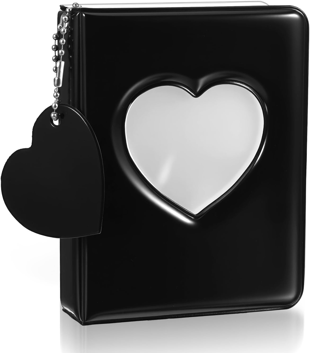 Xindojuz 4x3 Inch Photocard Holder Book, Mini Photo Album Mirror-Like Photocard Binder, Small Photo Card Book Love Heart Hollow Photos Card ID Holder with Pendant for Collection, 32 Pockets(Black)