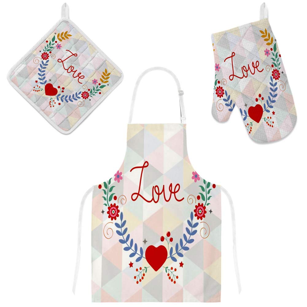 Tablier de cuisine avec maniques et gants de four carte d'amour, le cadeau parfait pour la maison