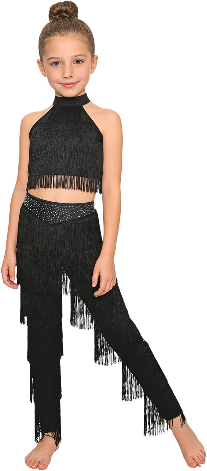 Jhaoyu 2-piece Girls Latin Dance Clothes Set Sleeveless Halter Neck Crop Top with Rhinestones Fringed Pants Jazz Dancewear