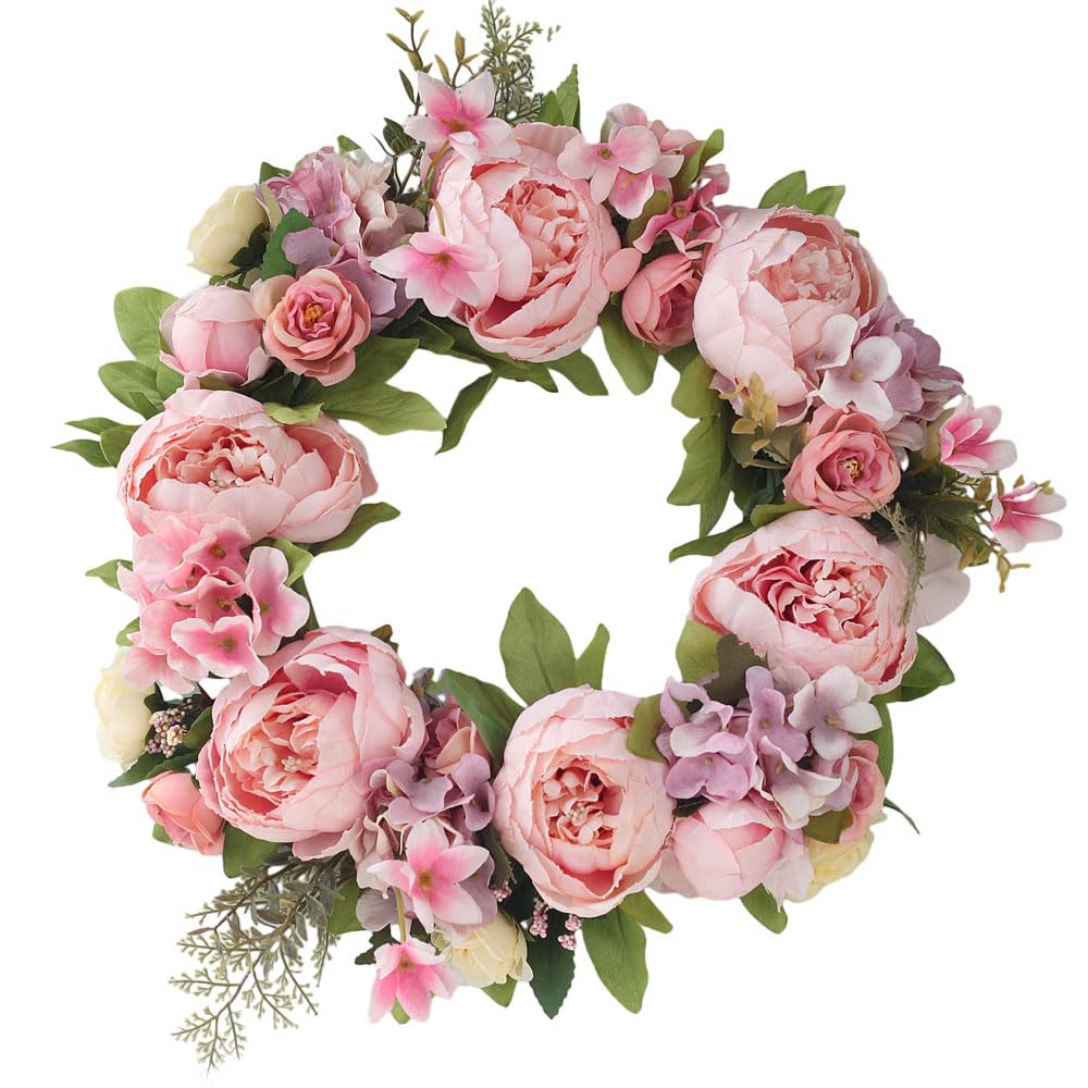Handmade Silk Imitation Peony Pink Purple Wreath, Spring Summer Fall Winter Wreath for Front Door, 13.7'' Indoor Outdoor Home Office Wall Decor