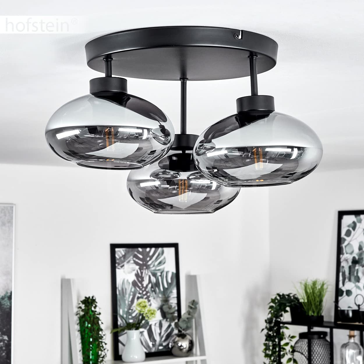 Lampada da soffitto Haikala, lampada da soffitto in metallo/vetro in nero/fumo, lampada retrò/vintage, 3 x E27, paralumi in vetro fumé, senza lampadina/e