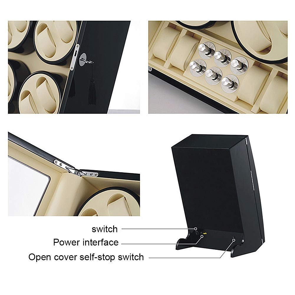 Vitrina móvil para 12 Relojes + 4 Posiciones de Almacenamiento Vitrina automática Caja relojera Motor con cojín de Cuero 5 Modos de rotación Madera lacada para Piano The New