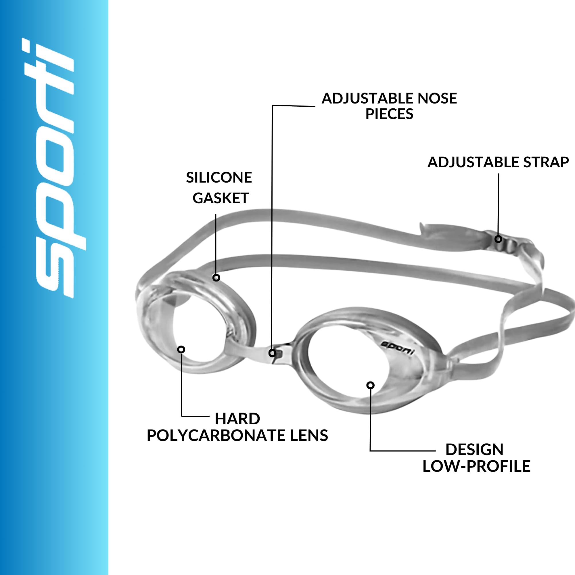 Sporti Unisex Adult Swimming Goggles, Antifog Swim Goggles for Men & Women, Shatter-resistant, Double Silicone Thin Straps, Variety Designs - S2 - Clear Lens/Silver Frame