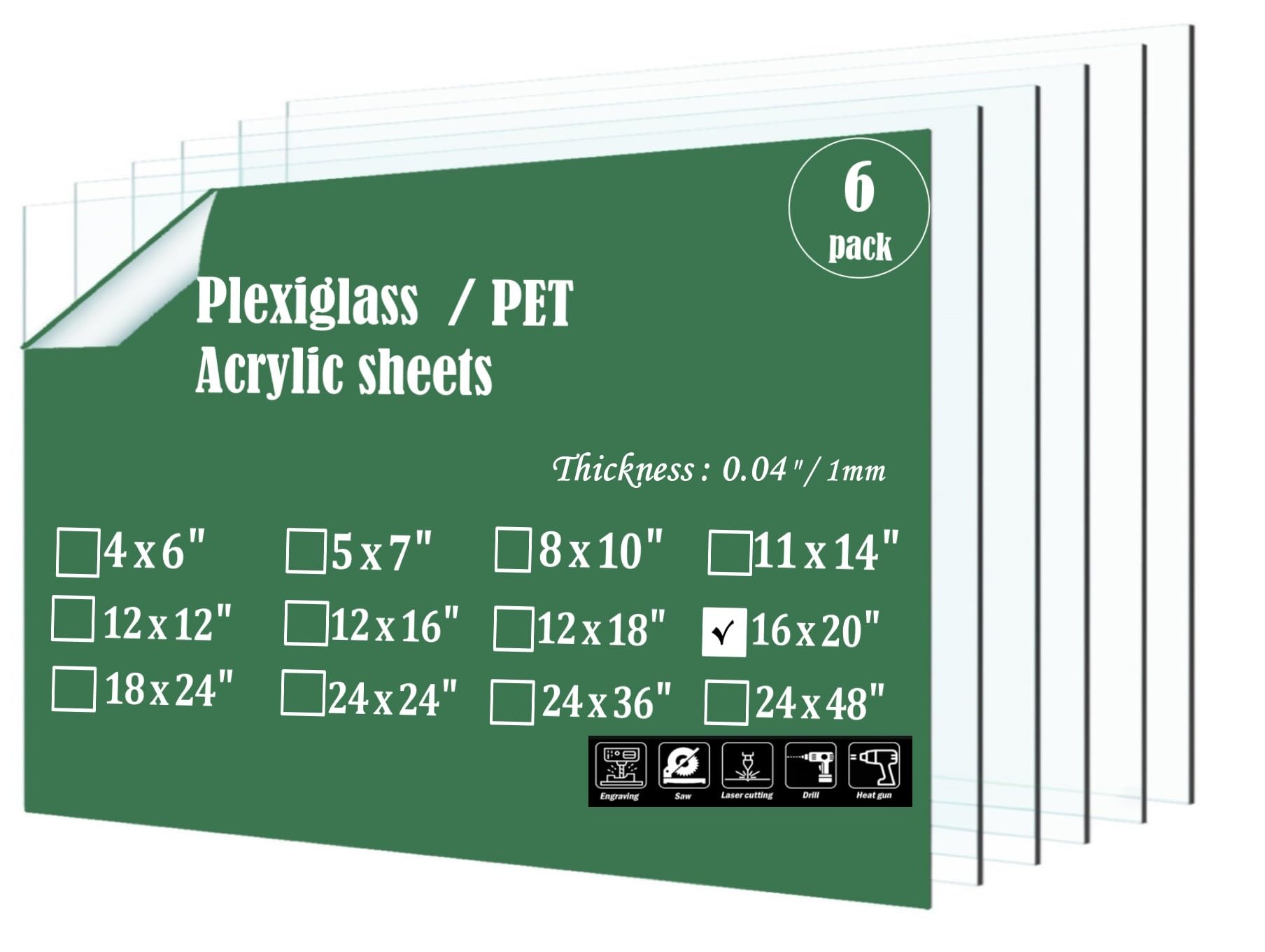 16x20 Acrylic Sheet 1mm Thick Clear Plexiglass Sheet Use for Poster Frame Replacement Glass, Art Projects, Deck Protect and More (6 Pack)