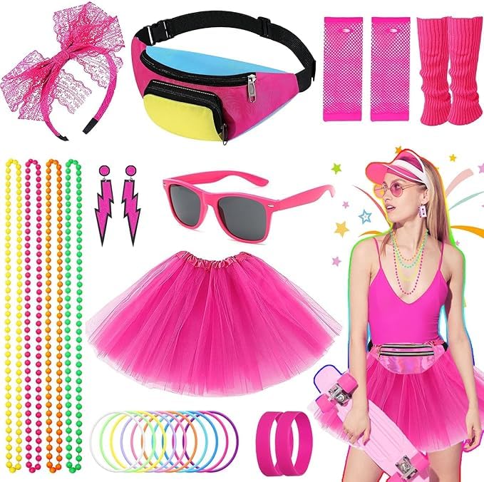 80s Fancy Dress Accessories Set for Women, 26Pcs Party Costume including Bumbag Tutu Skirt Leg Warmer Earrings Fishnet Gloves Necklace Glasses Bracelet Headband, Neon Outfit for 80s Party (rose red)