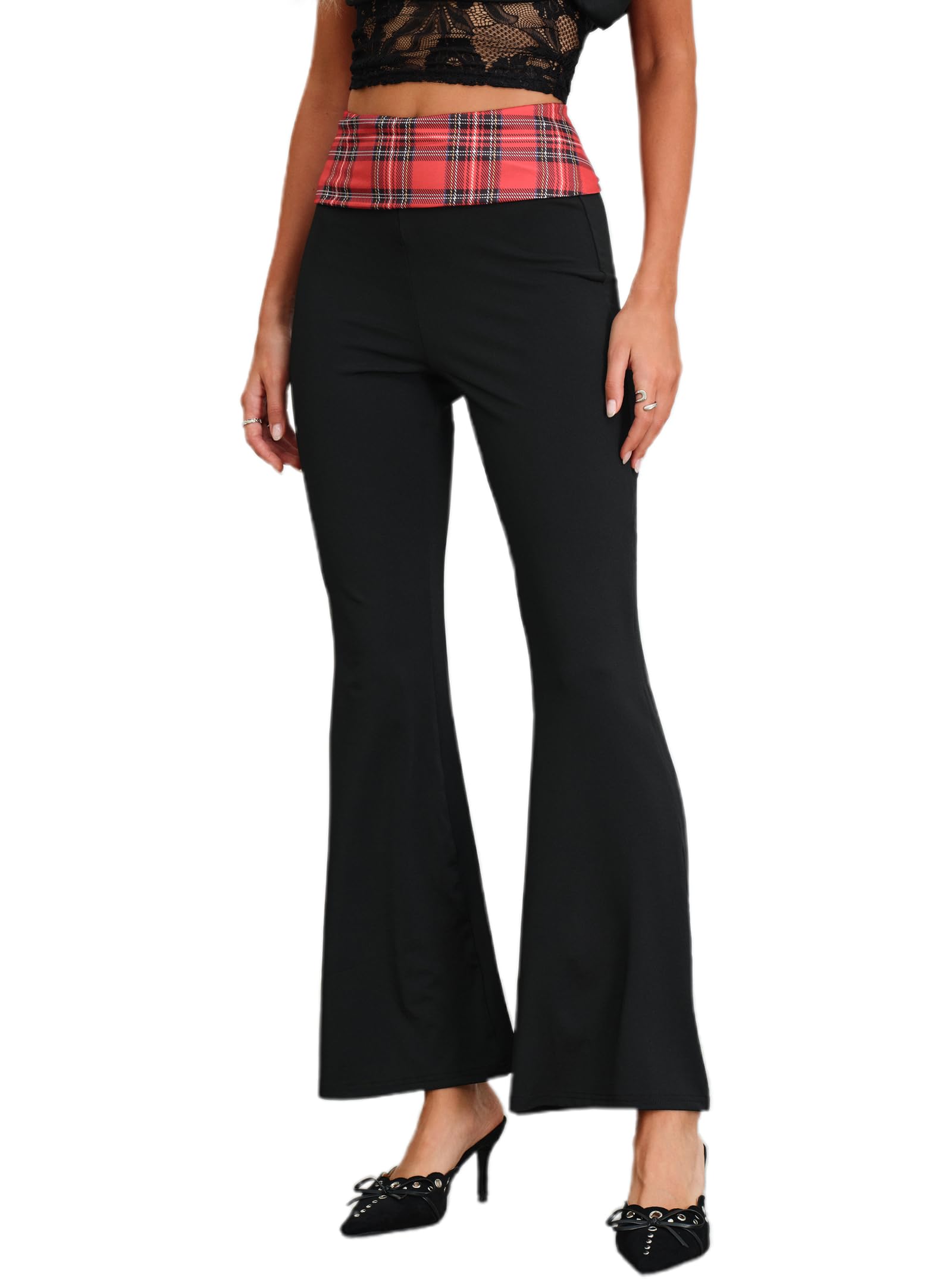 Womens Flare Pants Plaid Folded High Waist Bell Bottom Trousers 2025 Trendy Casual Pants