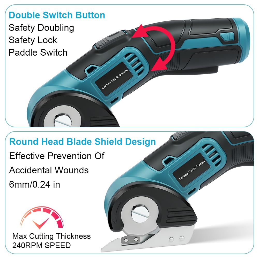Flintronic Ciseaux Électriques Sans Fil, Cutter Rotatif Électrique avec 2 Lames, Ciseaux Electrique Tissu Couture avec Verrouillage de Sécurité, pour Tissu, Papier, Carton, Cuir, Tapis