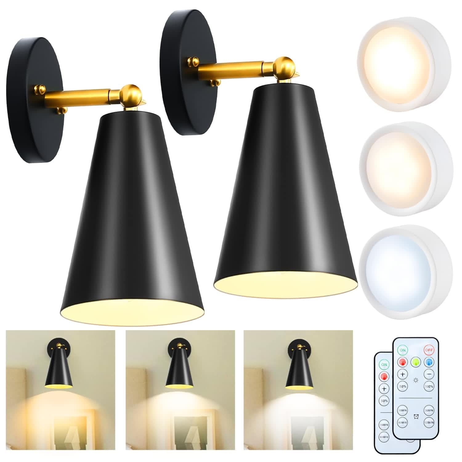 haultop Battery Operated Wall Sconce, Remote Control Battery Operated Wall Lights, Wireless Wall Sconces Set of Two Battery Operated, Modern Matte Black Battery Wall Sconce for Gallery, Bedroom