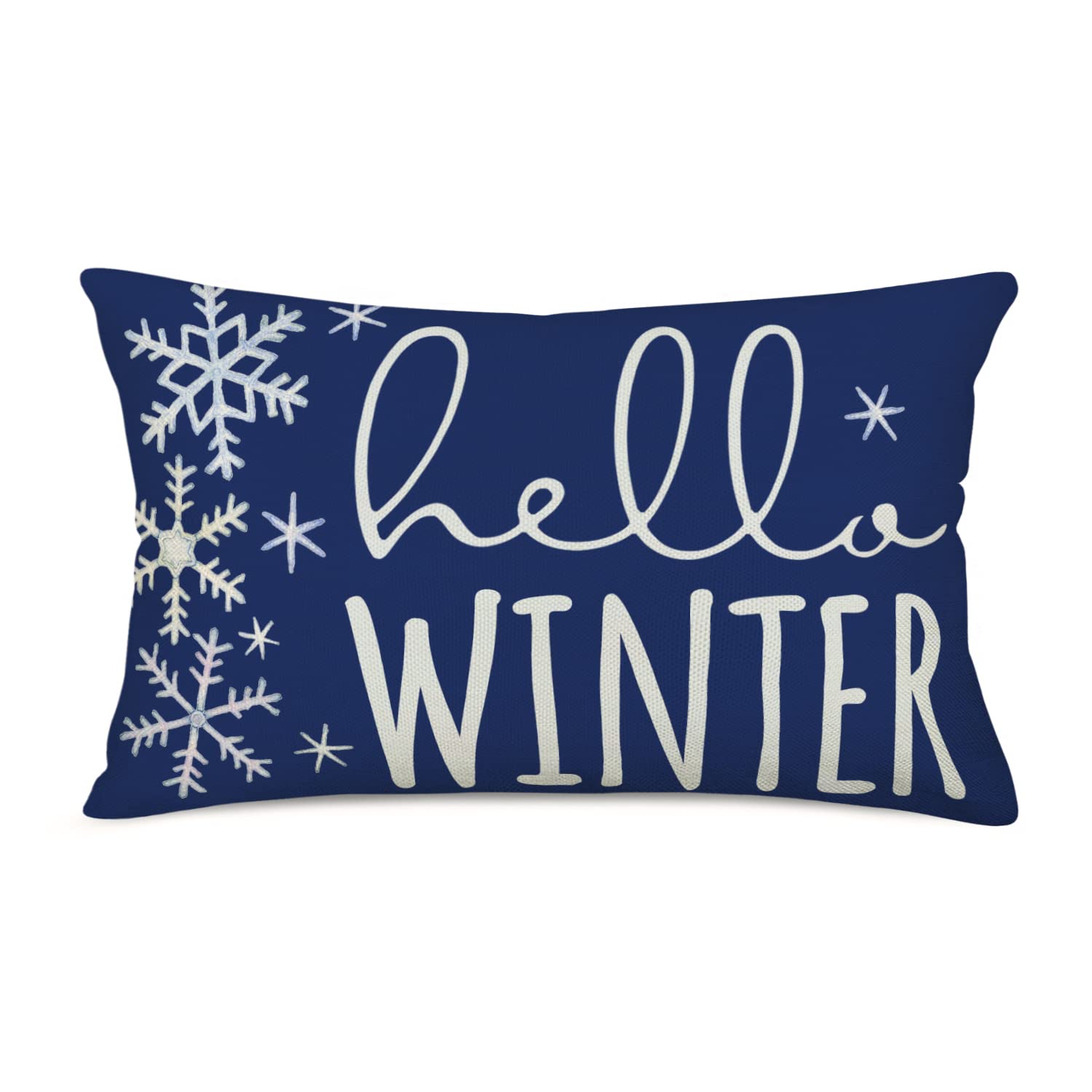 Easternproject Hello Winter Throw Lumbar Pillow Cover 12X20 Blue White Snowflake Christmas Decorations Farmhouse Decorative Cushion Case Decor Winter