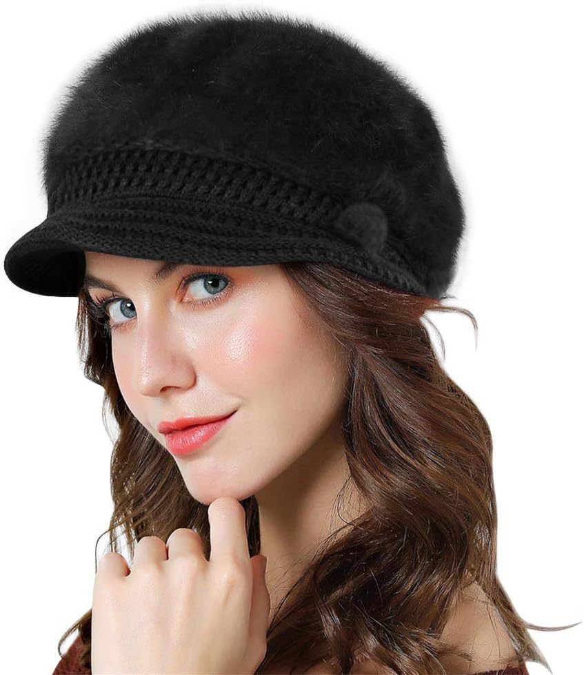 GenfienBrim Cap Newsboy Cap for Ladies Thick Fleece Lined Winter Knitted Beret Hat Vintage Crochet Peaked Chic Hat Lightweight Winter