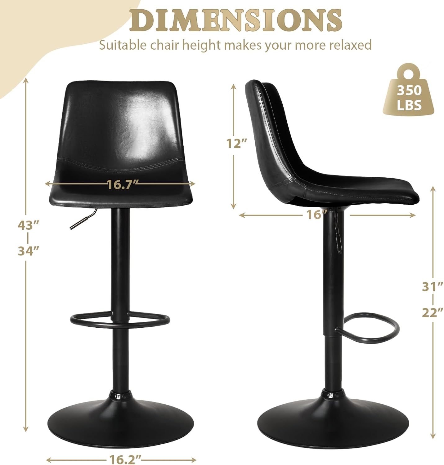 Lemebri Bar Stools Set of 4, Modern Adjustable Counter Height Swivel Barstools with Backrest, Faux Leather Upholstered Bar Chair for Kitchen Island, Black